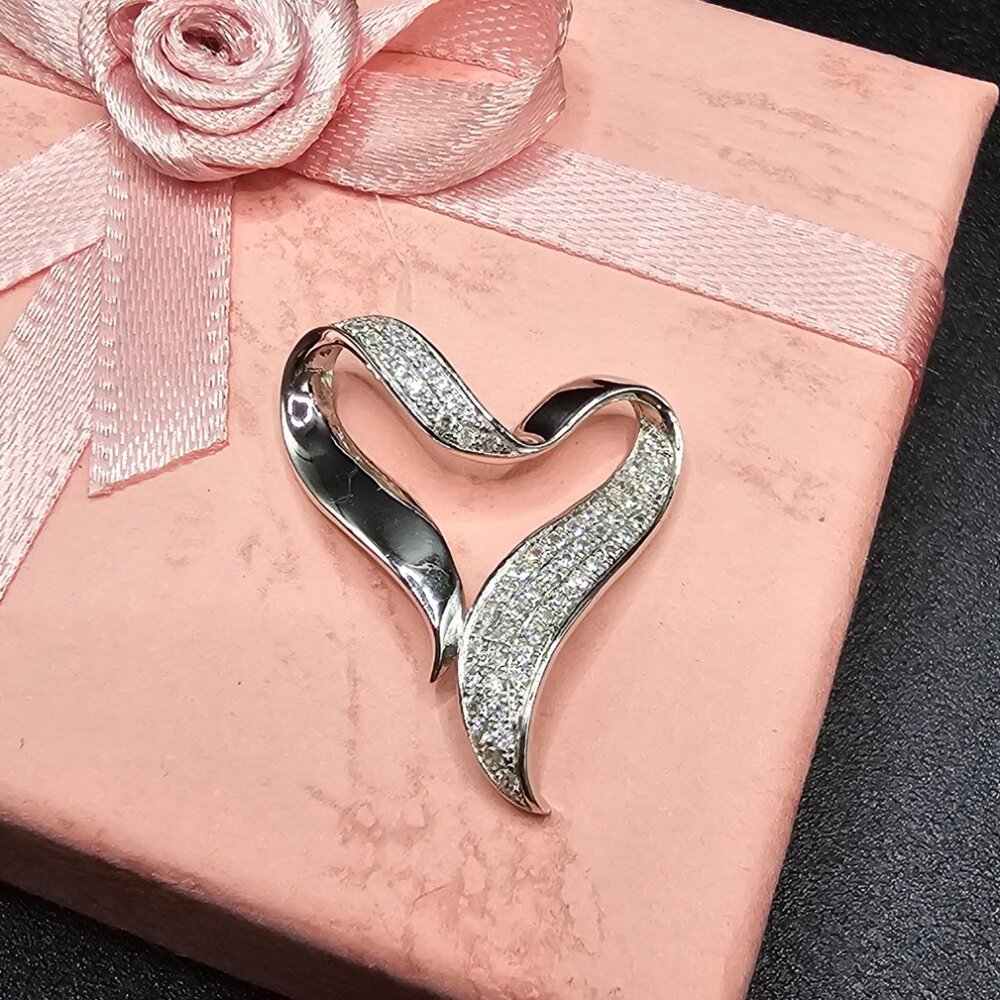 Sterling Silver 925 Rhodium Plated Open Twisted Heart CZ Dangling Pendant
